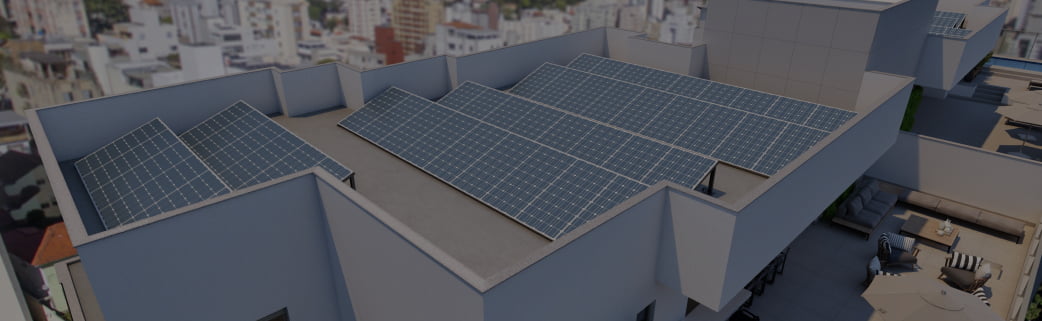 Painéis solares instalados no telhado do edifício Avignon, ilustrando práticas sustentáveis de geração de energia renovável.